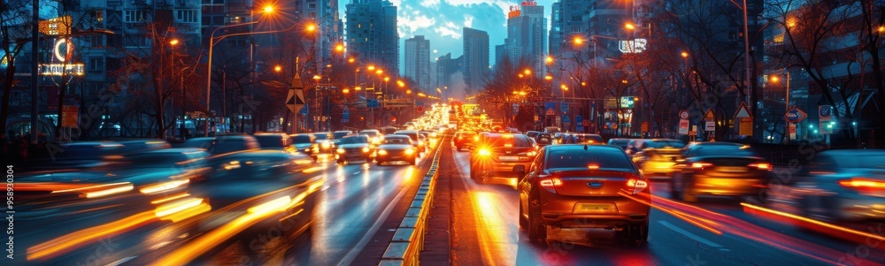 Cars driving down a busy city street at night with lights on, banner, copy space Cars driving down a busy city street at night with lights on, banner, copy space