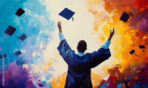 A Black Graduate Throws Their Cap Into the Air in Celebration