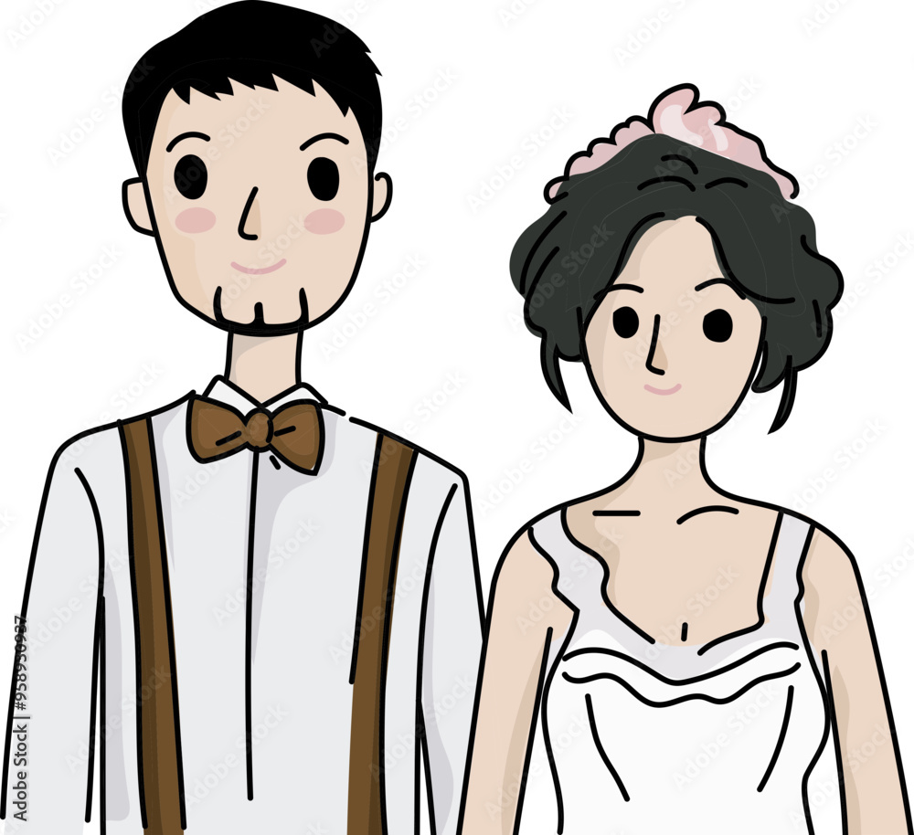 Cartoon wedding couple illustration on transparent background.
Cartoon wedding couple illustration on transparent background.