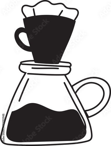 Hand drawn drip filter coffee illustration on transparent background.
