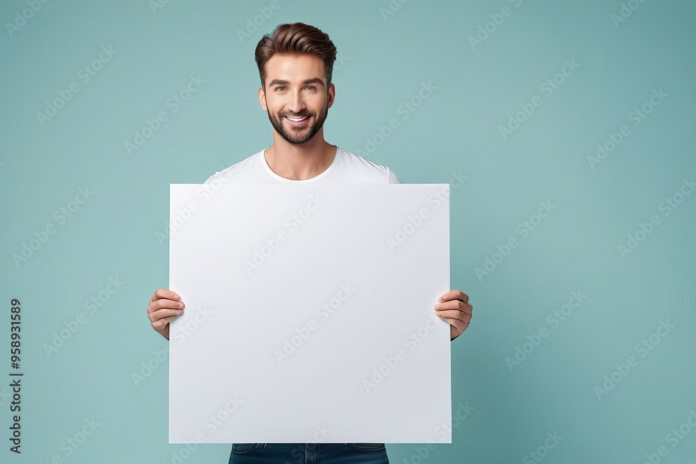 A smiling man holds a blank white sign in front of a blue background, perfect for adding your own message. A smiling man holds a blank white sign in front of a blue background, perfect for adding your own message.