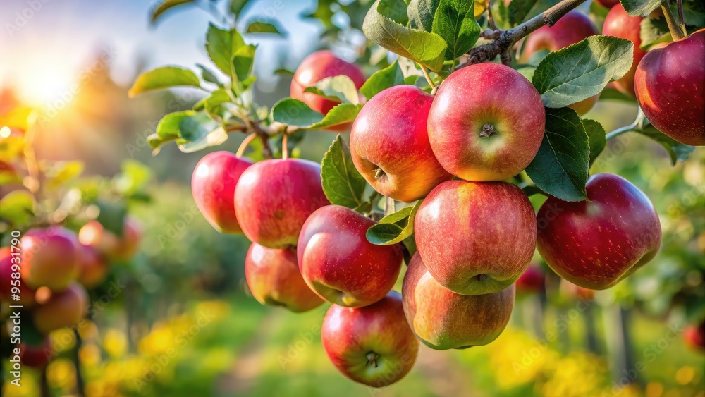 Hyper-realistic photograph of ripe apples hanging from branches in an apple orchard, with a blurred, leafy, and twiggy background creating a serene vineyard ambiance Hyper-realistic photograph of ripe apples hanging from branches in an apple orchard, with a blurred, leafy, and twiggy background creating a serene vineyard ambiance