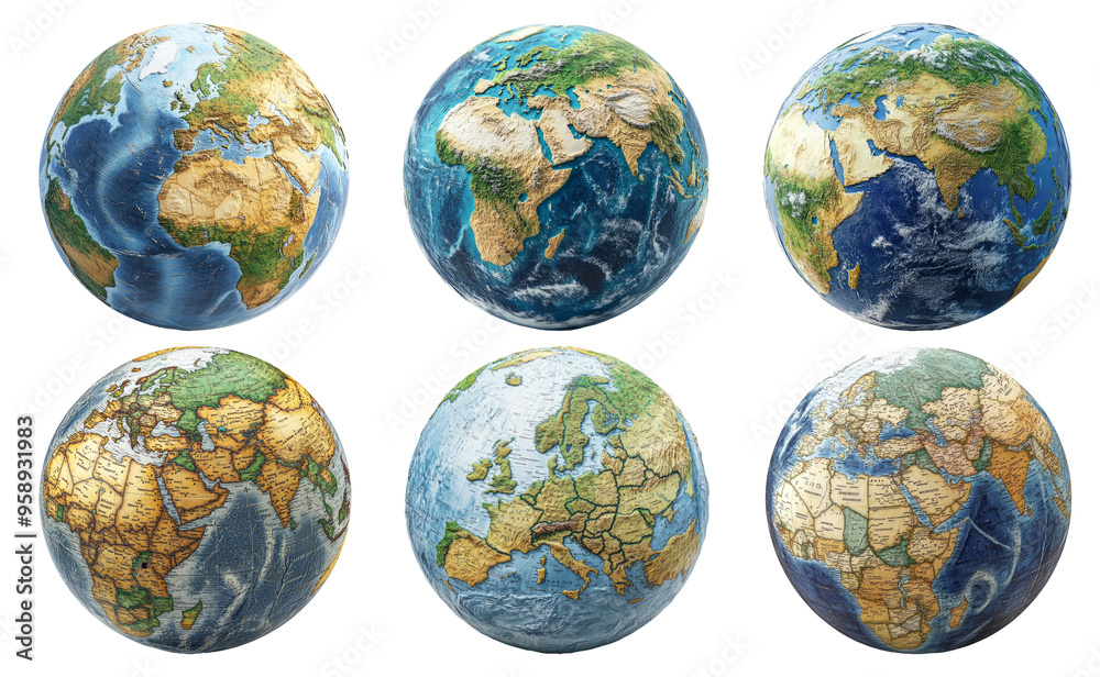 Globes with various earth textures set isolated on transparent background Globes with various earth textures set isolated on transparent background