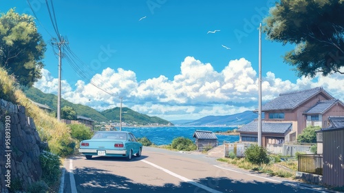 A serene scene with a light blue car parked on an ocean road, clear skies, distant mountains, and houses.