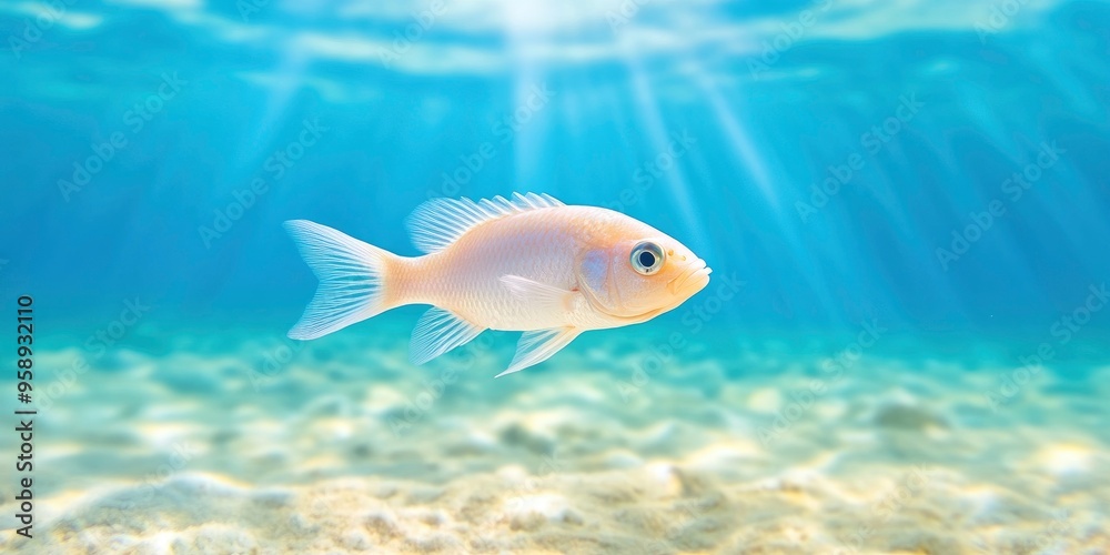 Naklejka premium A real fish is seen swimming across the sunny, sandy bottom of crystal-clear water, showcasing animals in its own environment.