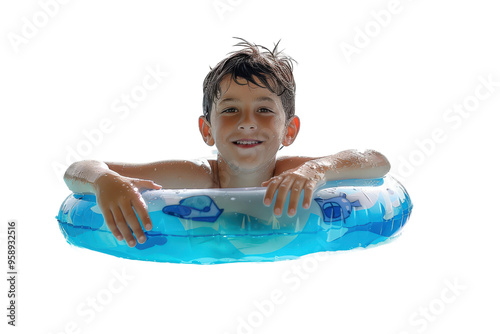 Child with inflatable tube swimming in a summer pool