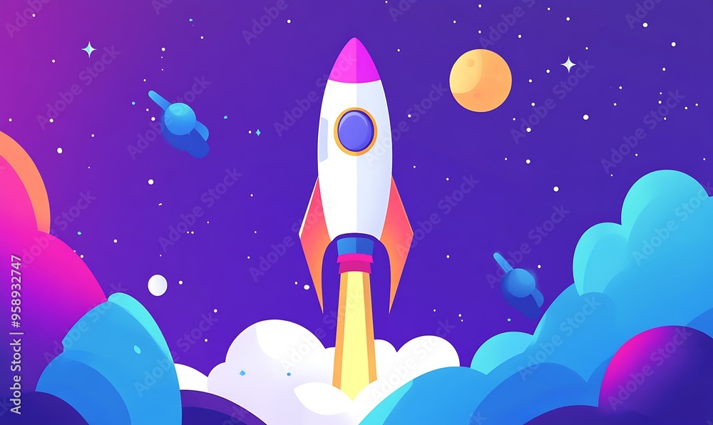 Cartoon Rocket Launching Through Space with Stars and Planets Cartoon Rocket Launching Through Space with Stars and Planets