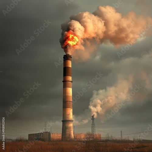 Industrial smokestack emits dark smoke against a moody sky at sunset