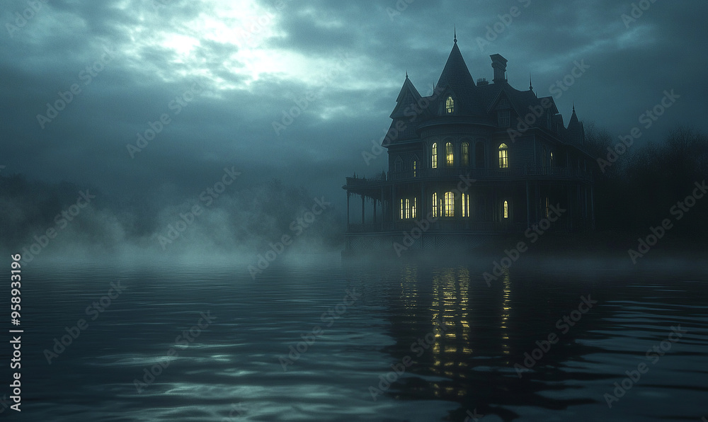 Obraz premium Victorian house on the water, night scene, moonlit and foggy, with a creepy vibe, like a horror movie poster