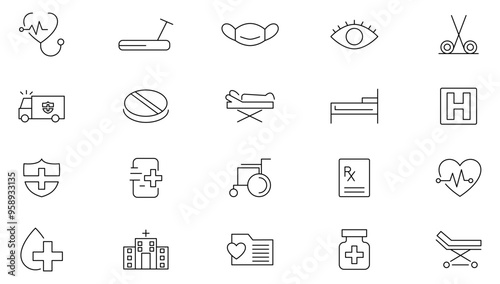 Hospital and medical care line icon collection. Health checkup, patient, diagnosis, doctor, intensive care, virus, medicine, pharmacy, prescription, and medical report icon set. UI outline icon pcak