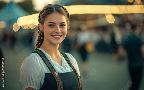 Cheerful Woman in Traditional German Attire Holding Beer Steins at Oktoberfest Festival, Smiling Waitress in Bavarian Costume Celebrating German Culture in Festive Event Setting
 photo