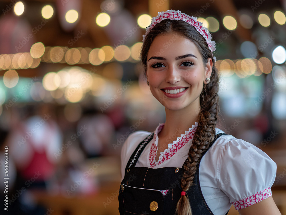 Obraz premium Cheerful Woman in Traditional German Attire Holding Beer Steins at Oktoberfest Festival, Smiling Waitress in Bavarian Costume Celebrating German Culture in Festive Event Setting