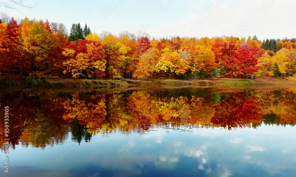 Beautiful autumn forest with vibrant orange and red foliage reflected in a calm lake under a clear sky Beautiful autumn forest with vibrant orange and red foliage reflected in a calm lake under a clear sky