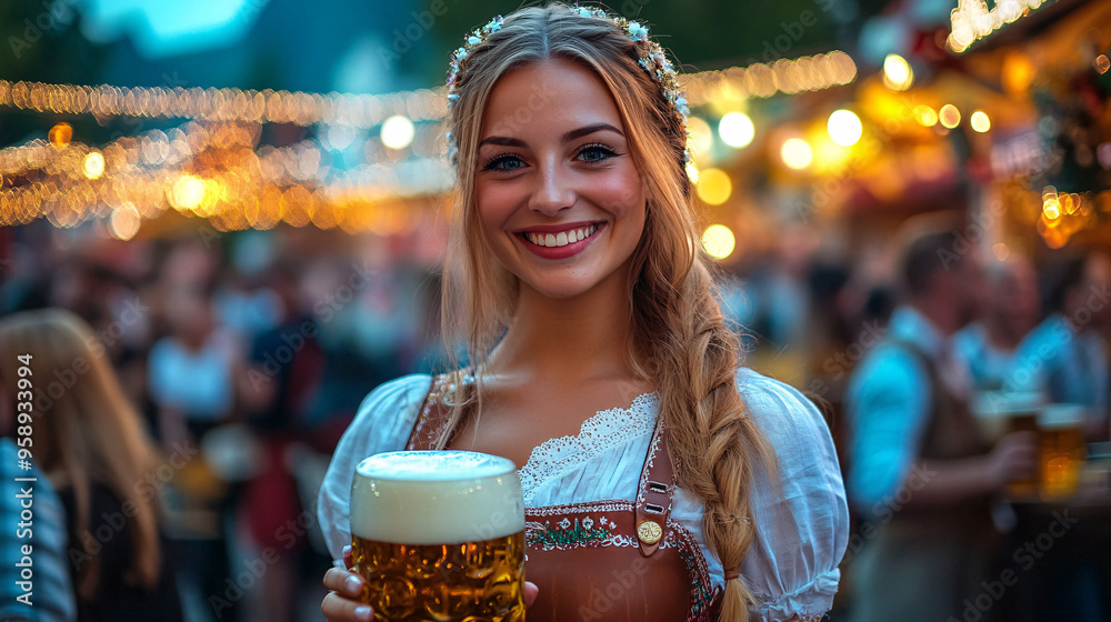Cheerful Woman in Traditional German Attire Holding Beer Steins at Oktoberfest Festival, Smiling Waitress in Bavarian Costume Celebrating German Culture in Festive Event Setting
Cheerful Woman in Traditional German Attire Holding Beer Steins at Oktoberfest Festival, Smiling Waitress in Bavarian Costume Celebrating German Culture in Festive Event Setting