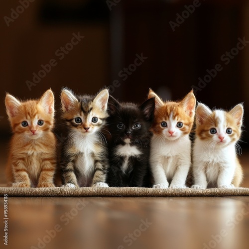 Row of tiny kittens and puppies, sitting together with their eyes wide open, showcasing the adorable bond between these young, fluffy companions photo