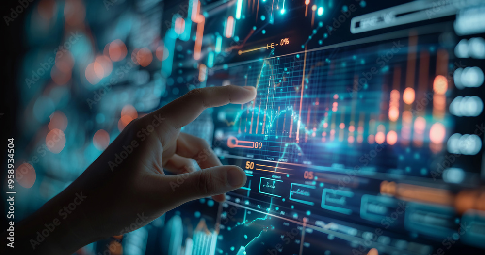 Holographic investment graph being touched by a hand. Holographic investment graph being touched by a hand.
