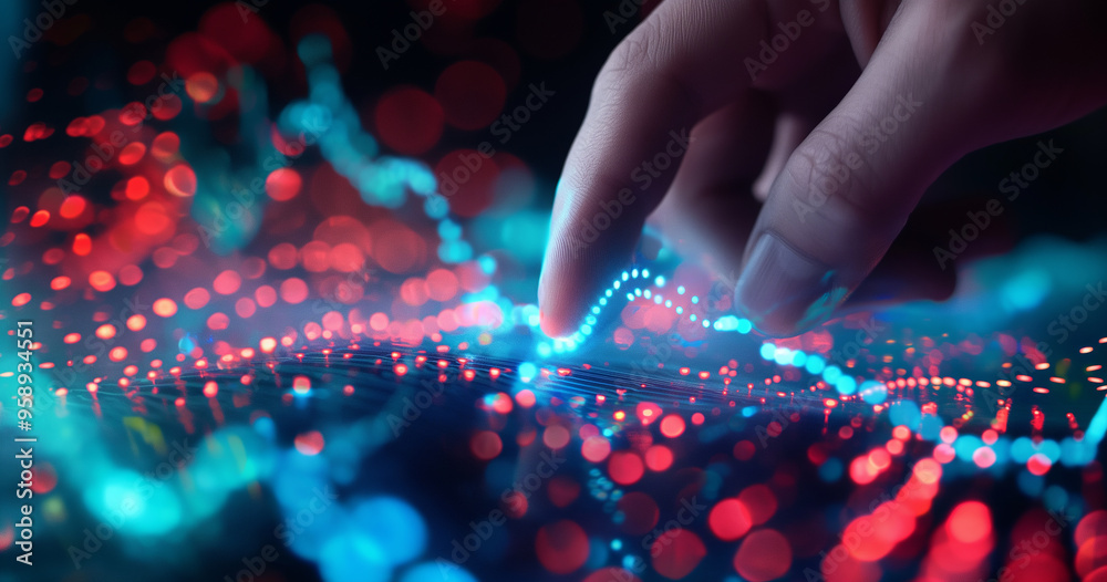 Hand reaching towards an upward-trending holographic chart. Hand reaching towards an upward-trending holographic chart.