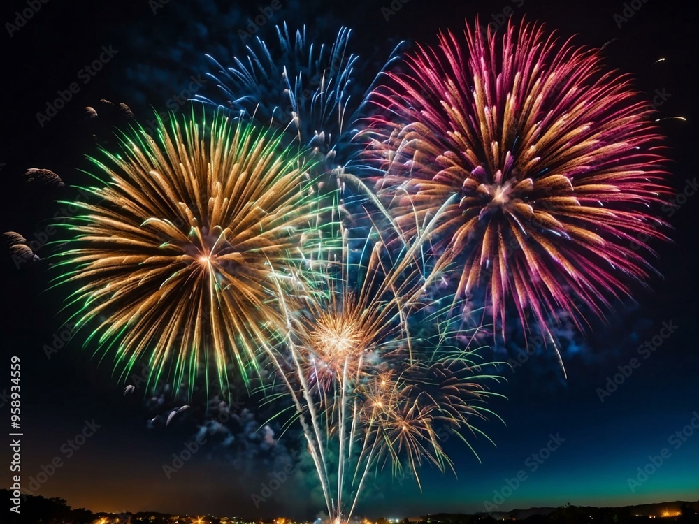 A dazzling burst of fireworks illuminating the night sky, showcasing vibrant colors. A dazzling burst of fireworks illuminating the night sky, showcasing vibrant colors.