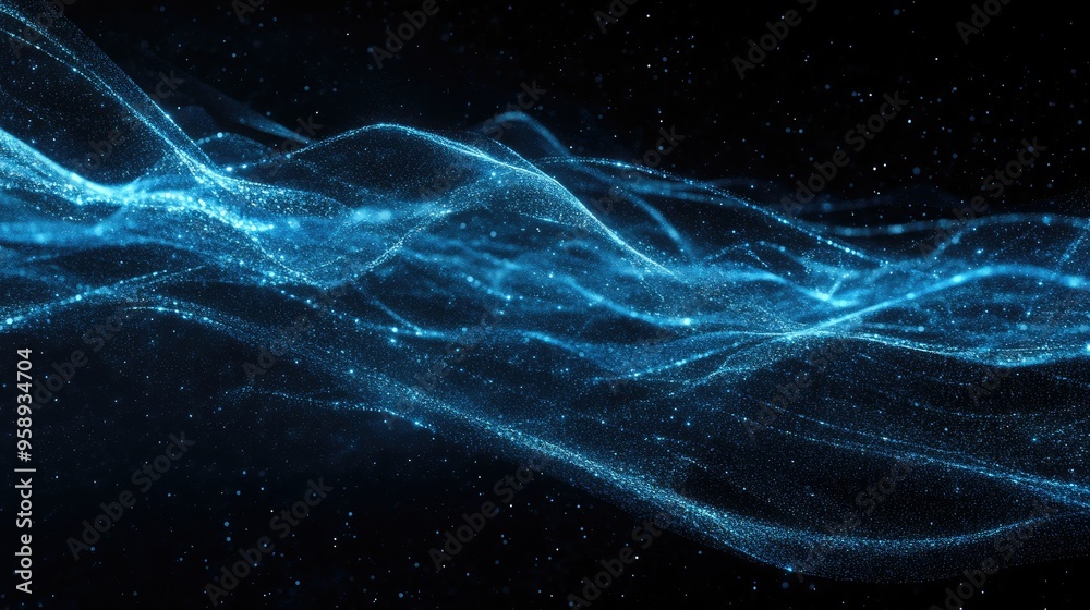 Dynamic blue particle lines forming horizontal waves and undulating across a black backdrop, ideal for showcasing digital and communication tech themes. Dynamic blue particle lines forming horizontal waves and undulating across a black backdrop, ideal for showcasing digital and communication tech themes.