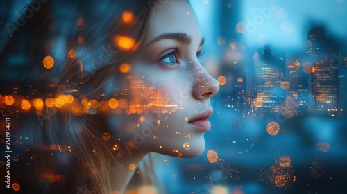 Double Exposure Portrait of Young Woman with Cityscape Background