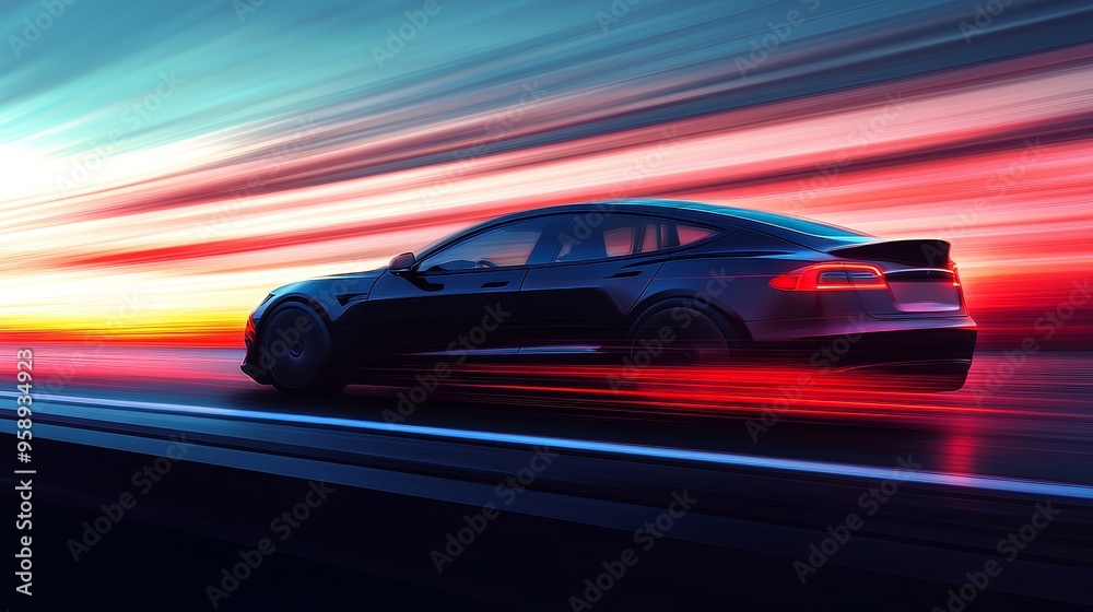 A sleek black car speeding along a vibrant, blurred landscape at sunset. A sleek black car speeding along a vibrant, blurred landscape at sunset.