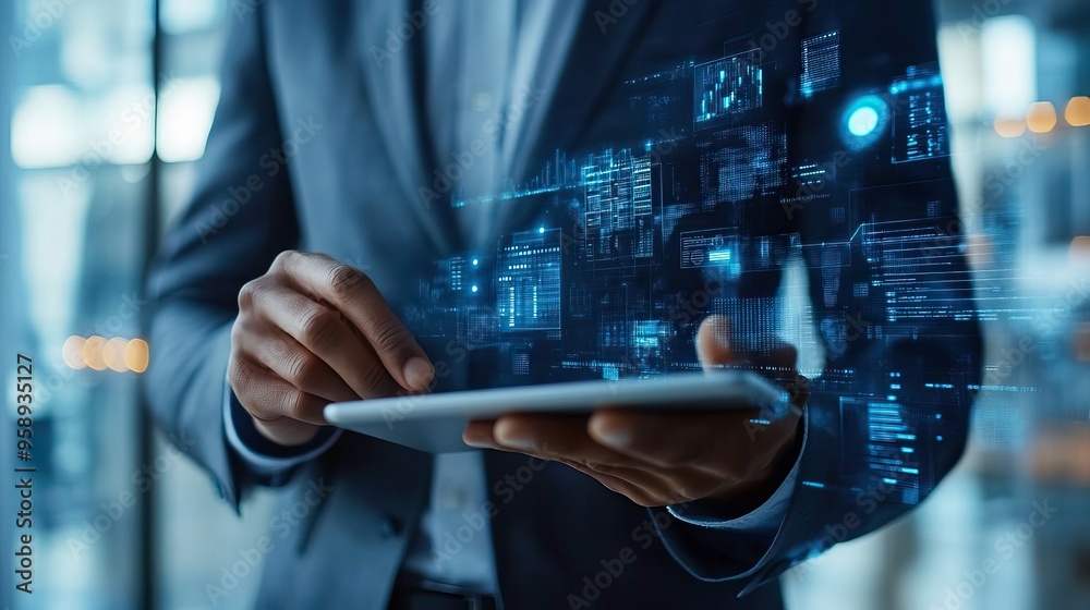 A professional using a tablet with a digital interface, symbolizing innovation and technology in a modern workspace.