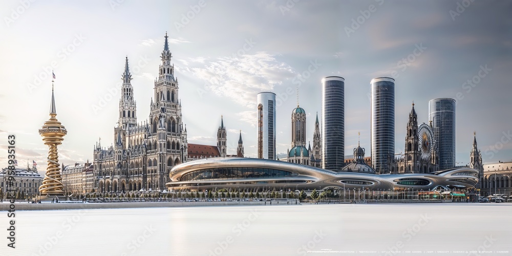 Obraz premium Futuristic Skyline Blending Historical and Modern Architecture