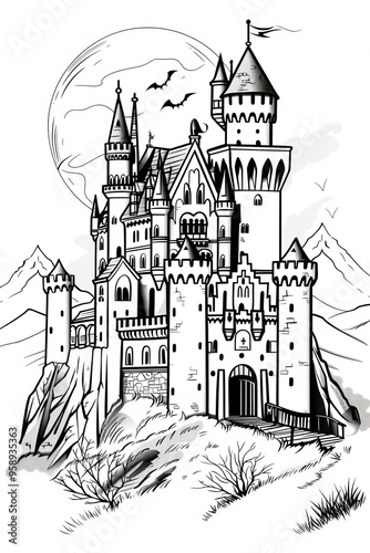 Haunted castle with spooky trees and full moon, perfect Halloween coloring page