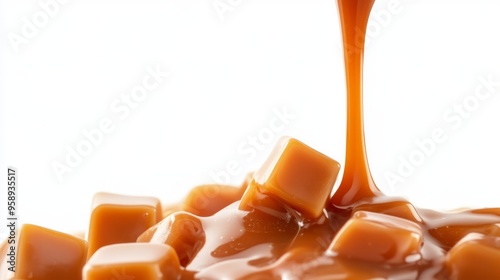 Indulge in the rich and delectable caramel sauce poured over soft, chewy caramel cubesideal for enhancing any dessert