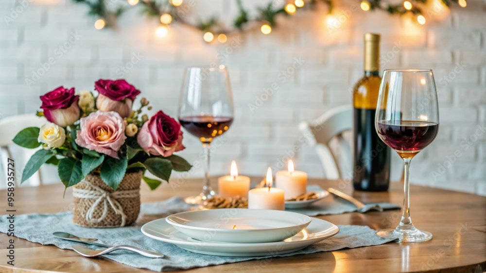 Romantic Table Setting with Roses, Wine, and Candlelight Romantic Table Setting with Roses, Wine, and Candlelight