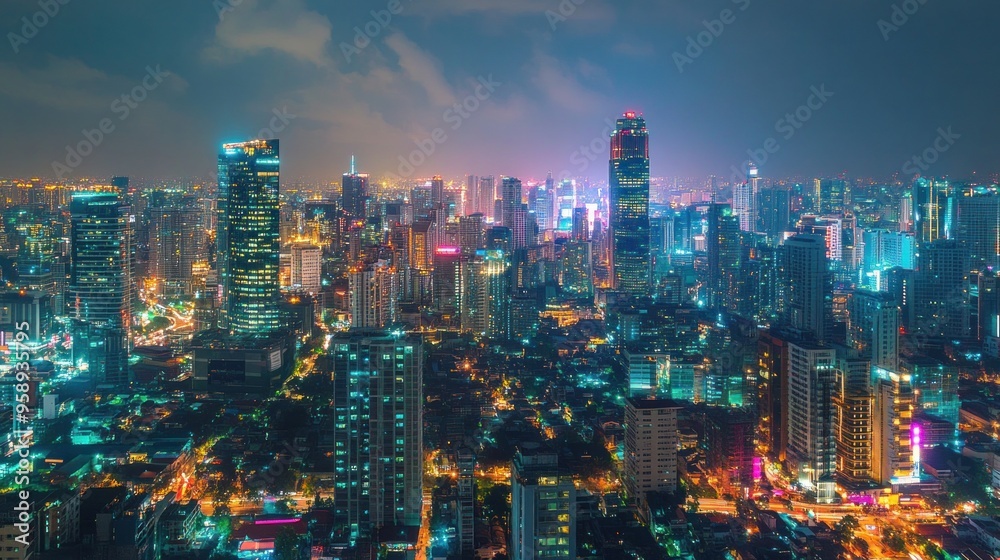 Nighttime Cityscape with Skyscrapers and Streetlights Nighttime Cityscape with Skyscrapers and Streetlights