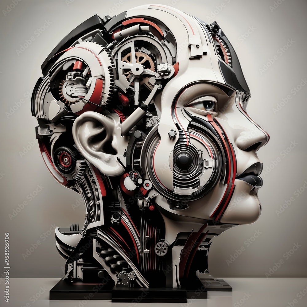 Fototapeta premium Futuristic Cyborg Head with Mechanical Components and Gears