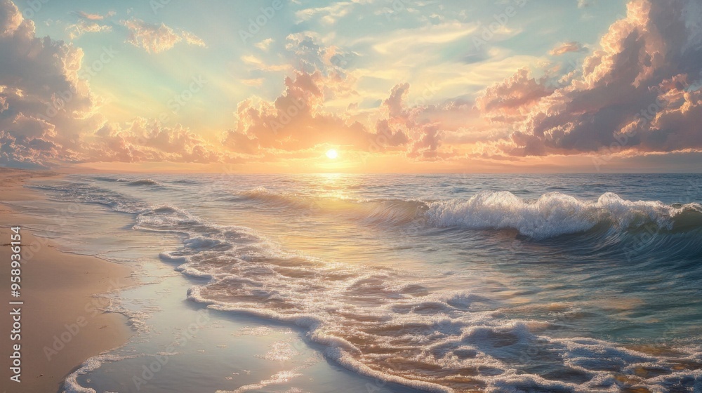 Fototapeta premium A calm beach scene with the sun low in the sky, gentle waves lapping the shore, and the sky filled with soft pastels.