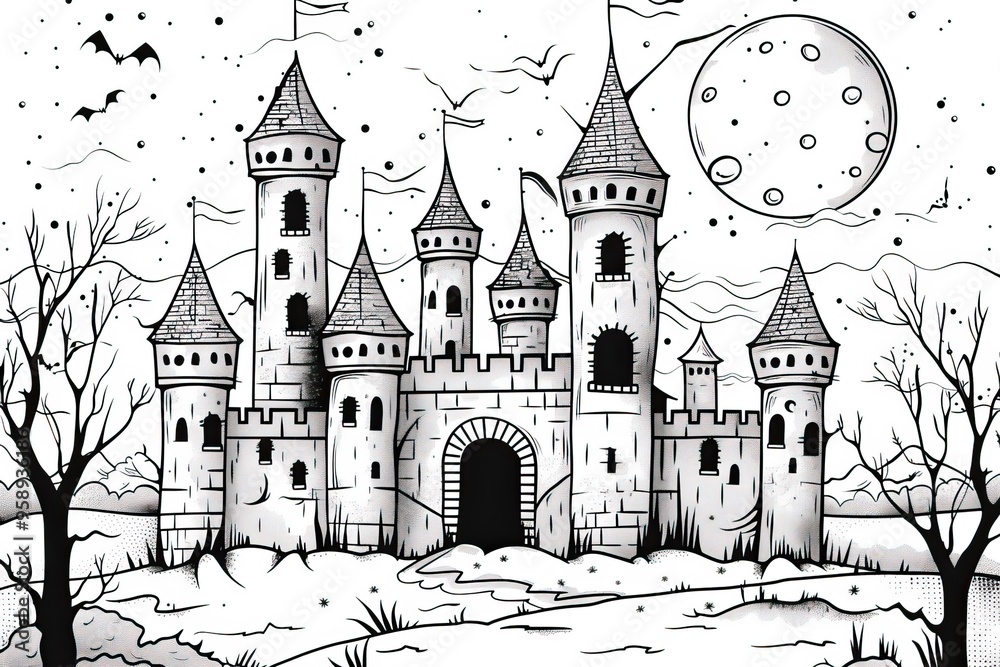 Obraz premium Haunted castle with spooky trees and full moon, perfect Halloween coloring page