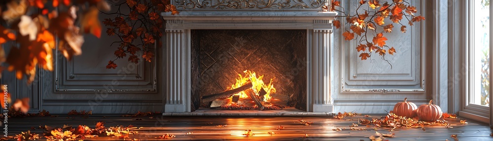 Obraz premium A cozy fireplace surrounded by autumn leaves, creating a warm and inviting atmosphere for relaxation and comfort.