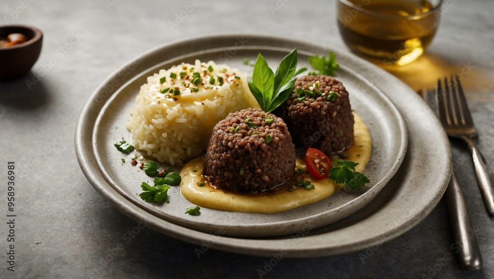 A gourmet dish of kibbeh served with a rich butter sauce, with ample space for text or design. A gourmet dish of kibbeh served with a rich butter sauce, with ample space for text or design.