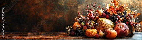 A stunning arrangement of autumn vegetables and fruits, showcasing vibrant colors and seasonal beauty on a rustic background. photo