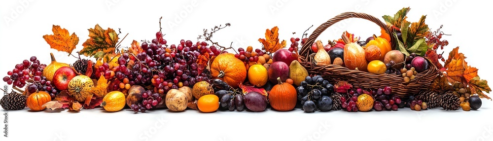 A vibrant arrangement of fruits and autumn leaves in a basket, showcasing nature's colorful bounty and seasonal beauty. A vibrant arrangement of fruits and autumn leaves in a basket, showcasing nature's colorful bounty and seasonal beauty.