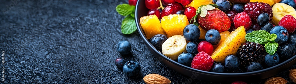 A vibrant assortment of fresh fruits displayed in a bowl, perfect for healthy snacks or breakfast options. A vibrant assortment of fresh fruits displayed in a bowl, perfect for healthy snacks or breakfast options.