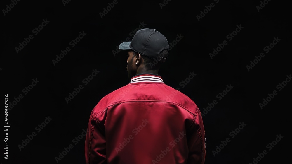 Man in Red Jacket and Black Cap Facing Away in Dark Background. Man wearing red jacket and black cap facing backward in dark background. dramatic lighting and minimalistic style. Generative AI Man in Red Jacket and Black Cap Facing Away in Dark Background. Man wearing red jacket and black cap facing backward in dark background. dramatic lighting and minimalistic style. Generative AI