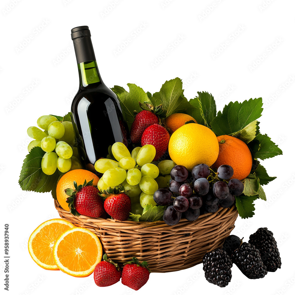 Wine Bottles and Grapes in Wicker Basket Wine Bottles and Grapes in Wicker Basket
