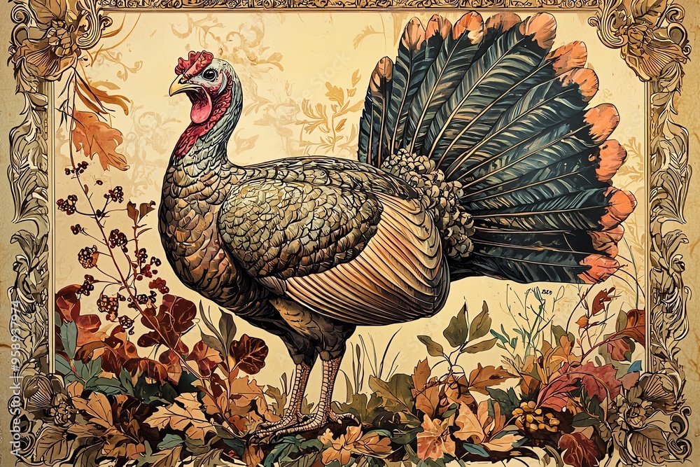 custom made wallpaper toronto digitalAn elegant vintage illustration of a turkey in a floral setting, showcasing rich colors and intricate details.