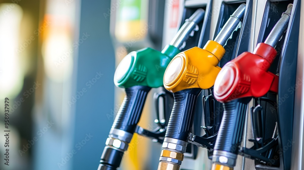A close-up of fuel nozzles in green, yellow, and red at a gas station, ready for refueling vehicles. A close-up of fuel nozzles in green, yellow, and red at a gas station, ready for refueling vehicles.