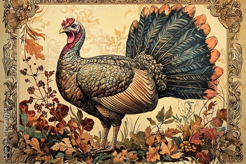 Wallpaper Mural An elegant vintage illustration of a turkey in a floral setting, showcasing rich colors and intricate details. Torontodigital.ca