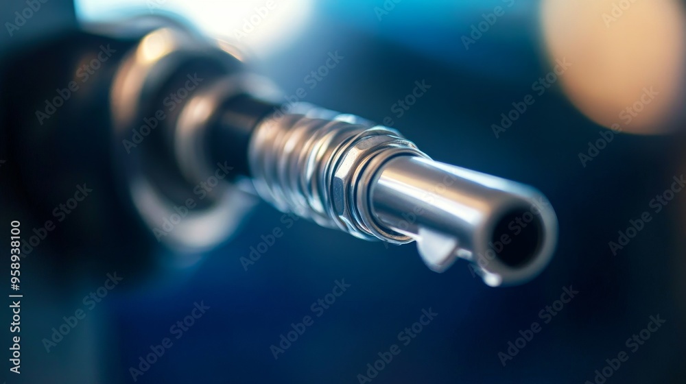 A close-up of a metallic fuel nozzle, highlighting its design and functionality for refueling vehicles. A close-up of a metallic fuel nozzle, highlighting its design and functionality for refueling vehicles.