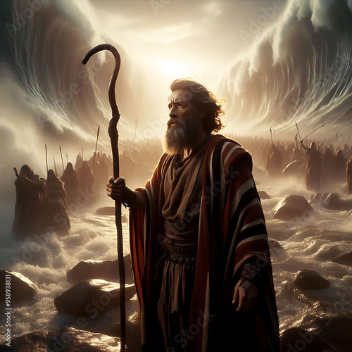 Cinematic realist portrayal of Moses, standing firm with his staff raised, as the Red Sea parts miraculously. Bliblical illustration of Moses and the Red Sea  photo