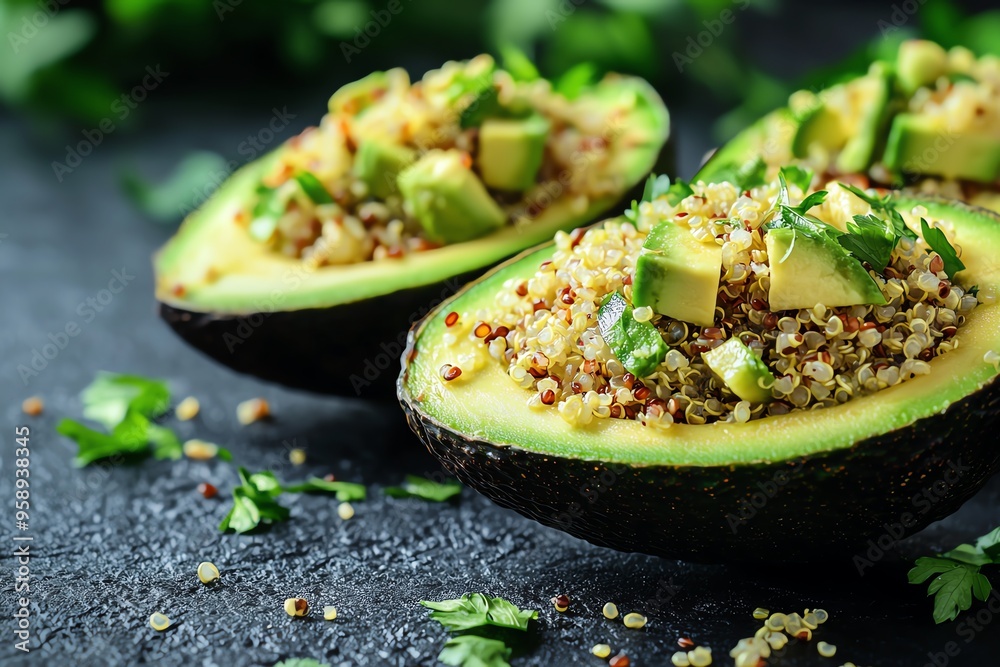 Delicious avocado halves filled with quinoa and fresh herbs, perfect for healthy meals and vibrant dishes. Delicious avocado halves filled with quinoa and fresh herbs, perfect for healthy meals and vibrant dishes.