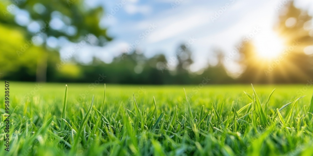 Green grass, a blue sky, and a bright, sunny morning in a meadow. Green grass, a blue sky, and a bright, sunny morning in a meadow.
