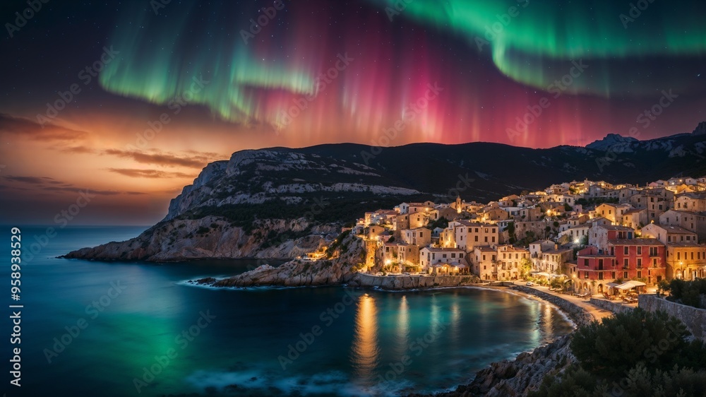 Fototapeta premium A Mediterranean coastal village under the Aurora Borealis
