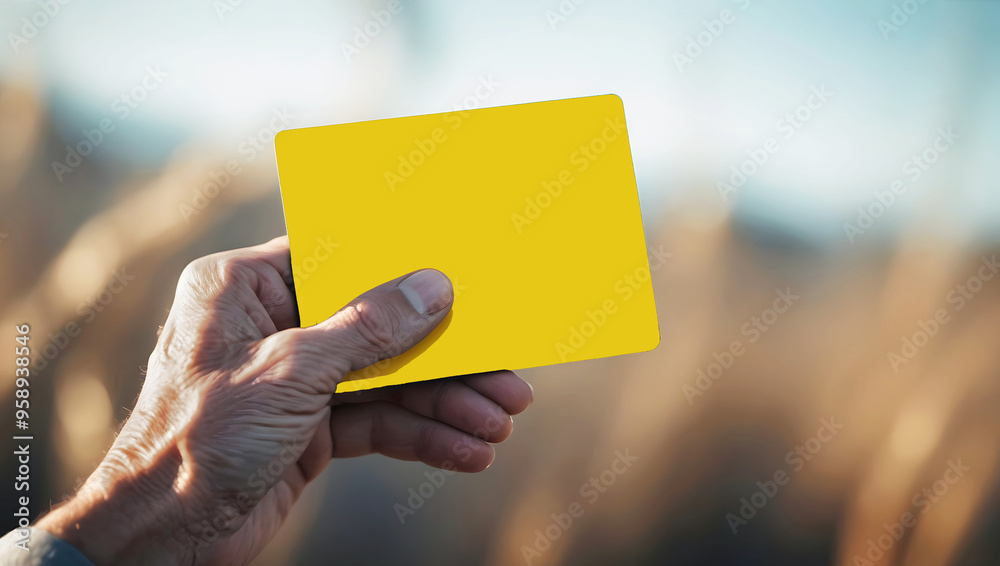 Hand holding yellow card, warning, referee at soccer match, sport background, template, copy space area